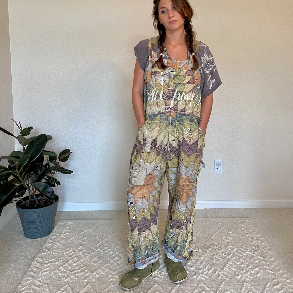 One of a Kind 'Peace Junkie' Patchwork Overalls Magnolia Pearl.